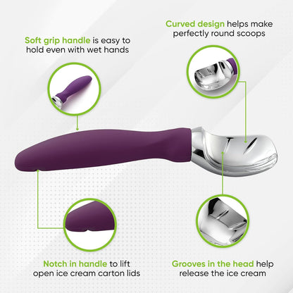 Spring Chef Ice Cream Scoop - Professional Heavy-Duty Scooper with Soft Grip Handle | Purple Color