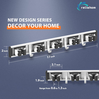 Reliahom Broom Holder Wall Mount - 2 Pack with 5 Racks & 4 Hooks | Black Tool Organizer for Garage, Kitchen, Garden, Laundry Room