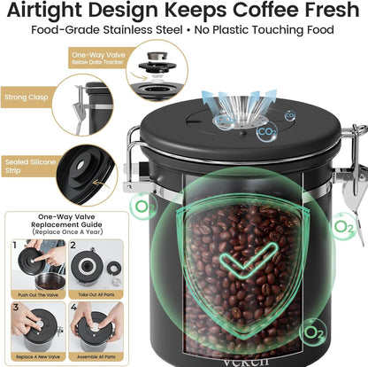 Veken Coffee Canister - Airtight Stainless Steel Storage with Window & Date Tracker | 16oz Black