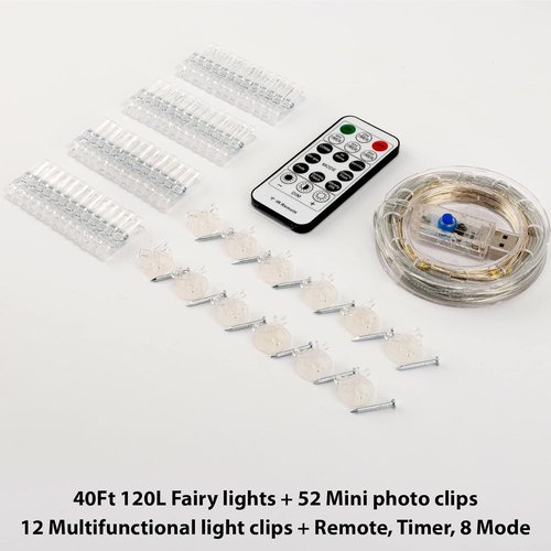 HXWEIYE 120LED White Photo Clips String Lights - 40Ft Fairy Light with 52 Clips & 12 Hooks | USB Powered, Timer & 8 Modes for Bedroom & Wedding Decor