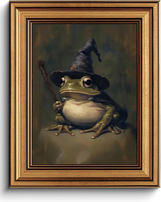 Skiennix Vintage Gold Framed Wall Art - Witchy Frog Canvas Print for Dark Academia Decor | 8x10in
