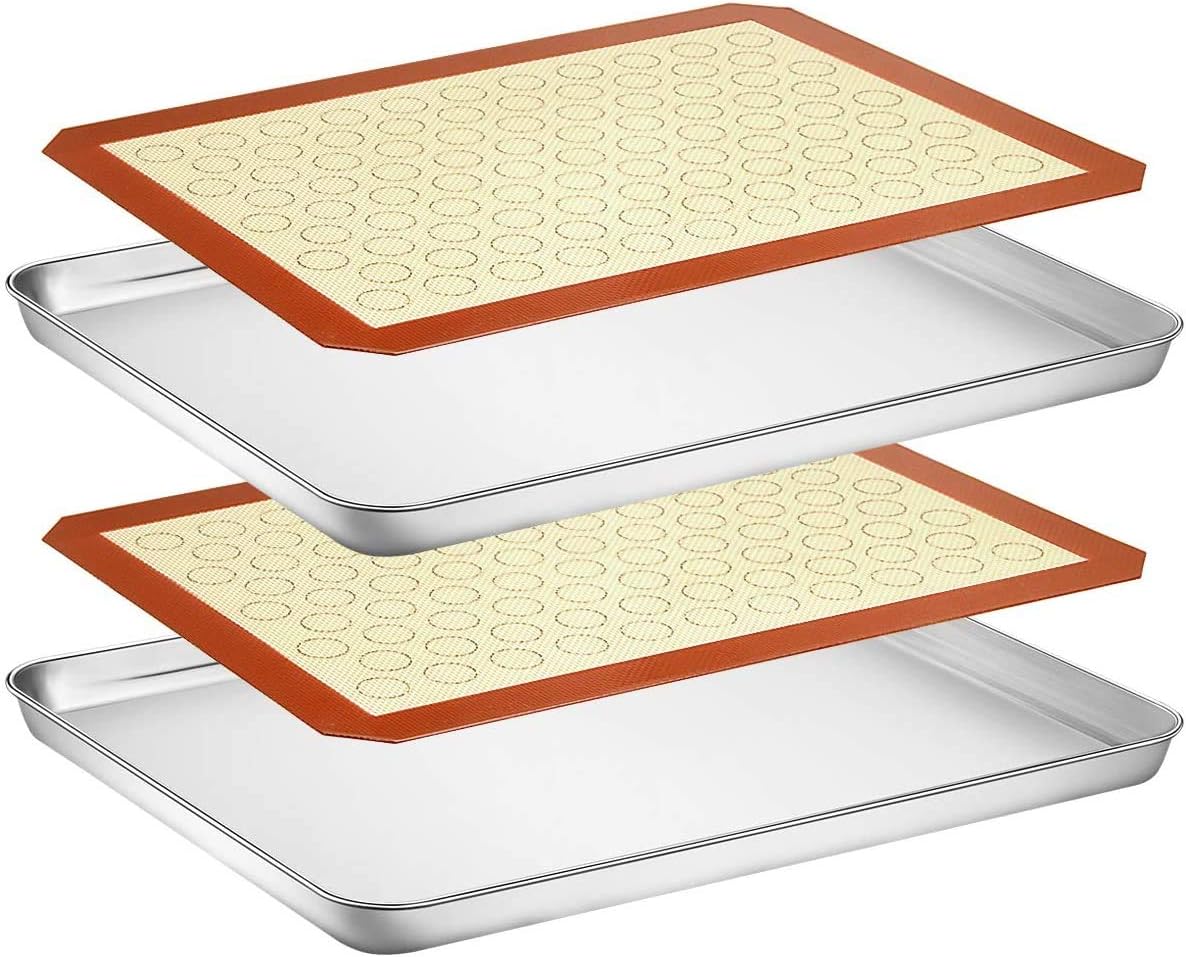 Wildone Baking Sheet Set - 4-Piece Stainless Steel Cookie Sheet with Silicone Mats | 18 x 13 Inch, Non-Toxic & Easy Clean