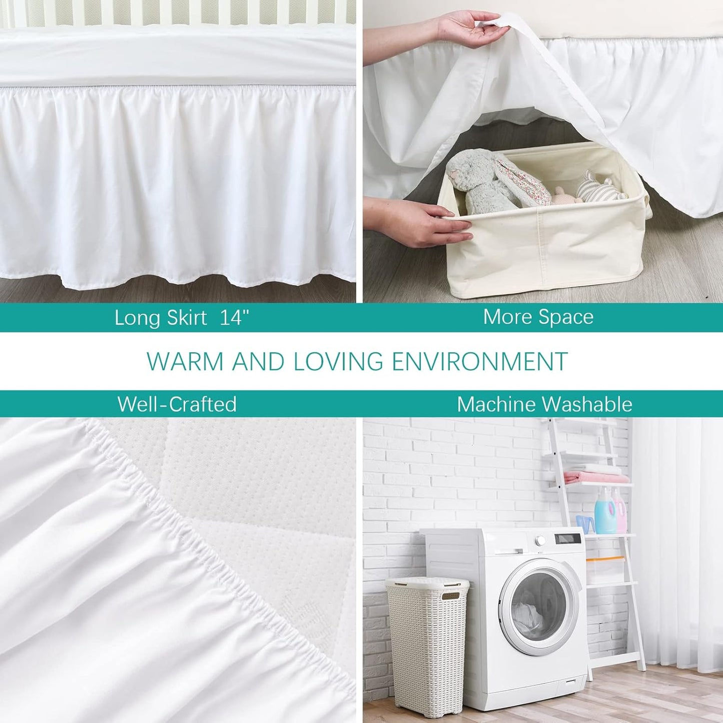 Skiennix Crib Bed Skirt - 28” x 52” Pleated Dust Ruffle with 14” Drop | Soft Solid White Design