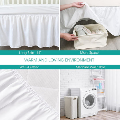 Skiennix Crib Bed Skirt - 28” x 52” Pleated Dust Ruffle with 14” Drop | Soft Solid White Design