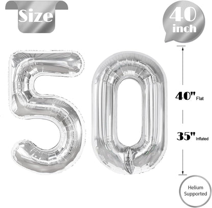 Silver Number 50 Balloon - 40 Inch Giant Foil Balloon for 50th Birthday Party Decorations