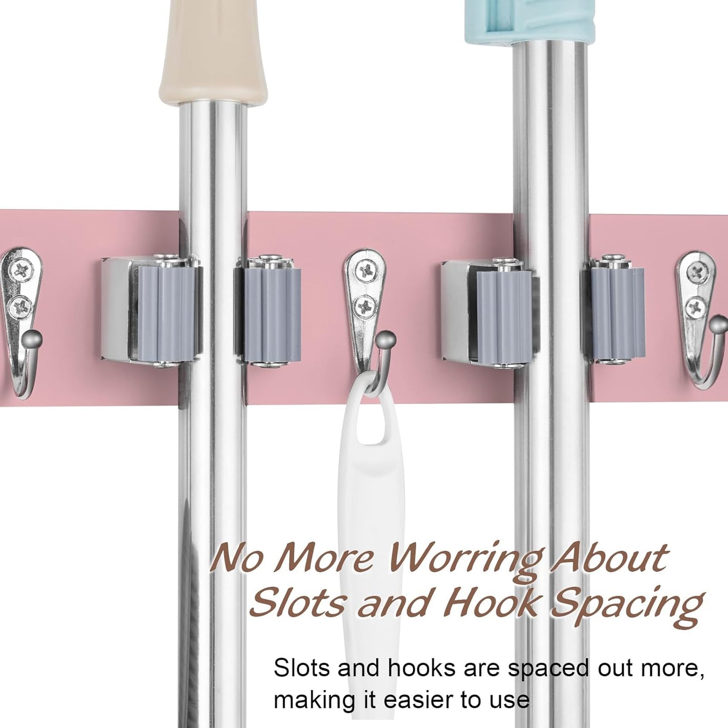 OUTNILI Pink Mop Broom Holder - Wall Mount Organizer with 4 Slots & Hooks for Kitchen Decor