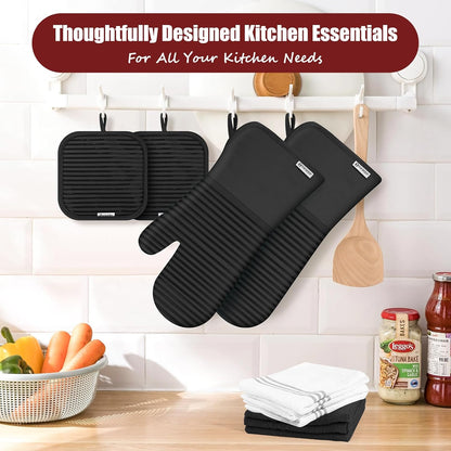 Skiennix Oven Mitts and Pot Holder Set - 500°F Heat Resistant Silicone Grip | 6-Pack Black Cotton Kitchen Essentials