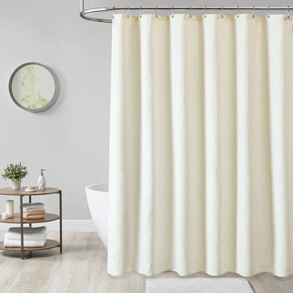 Dynamene Stall Fabric Shower Curtain - 54 inch Wide Waffle Weave Weighted Thick Cloth Shower Curtains for Bathroom, Heavy Duty Hotel Spa Luxury Bath Curtain Set with 10 Hooks, 54x72, Cream/Ivory