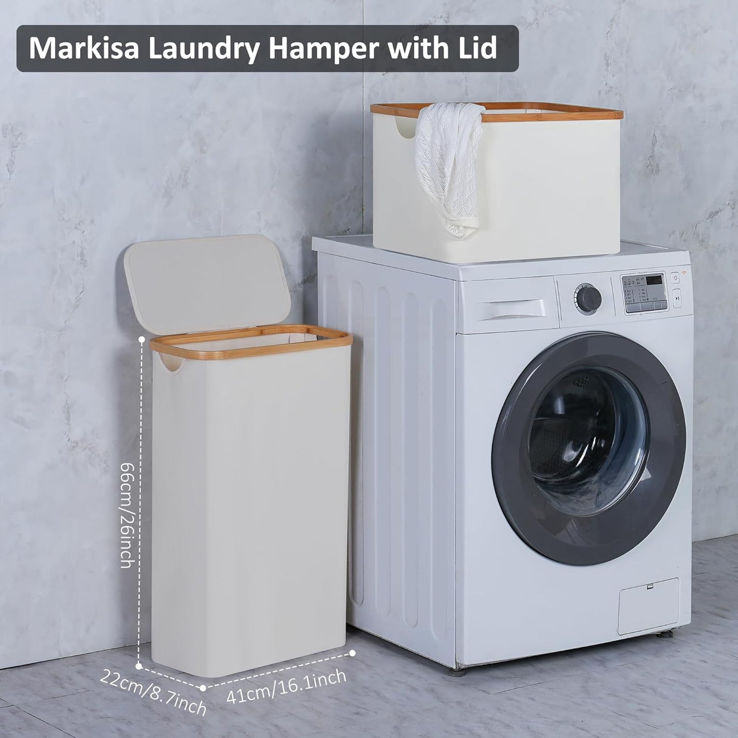 Regine Switzerland Slim Laundry Hamper - 60L Narrow Design with Lid & Bamboo Handle | Beige