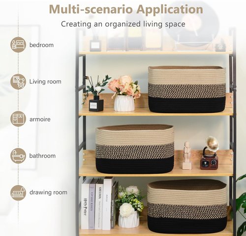 ECDYQXVU Cotton Rope Storage Basket - Woven Organizer for Shelves, Clothes & Towels | 15x10x9 Inches, Gradient Black/Brown (3 Pack)