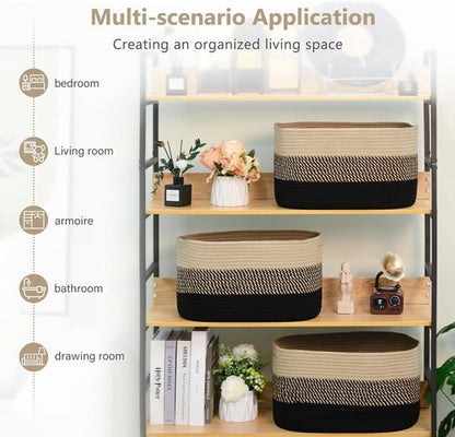 ECDYQXVU Cotton Rope Storage Basket - Woven Organizer for Shelves, Clothes & Towels | 15x10x9 Inches, Gradient Black/Brown (3 Pack)