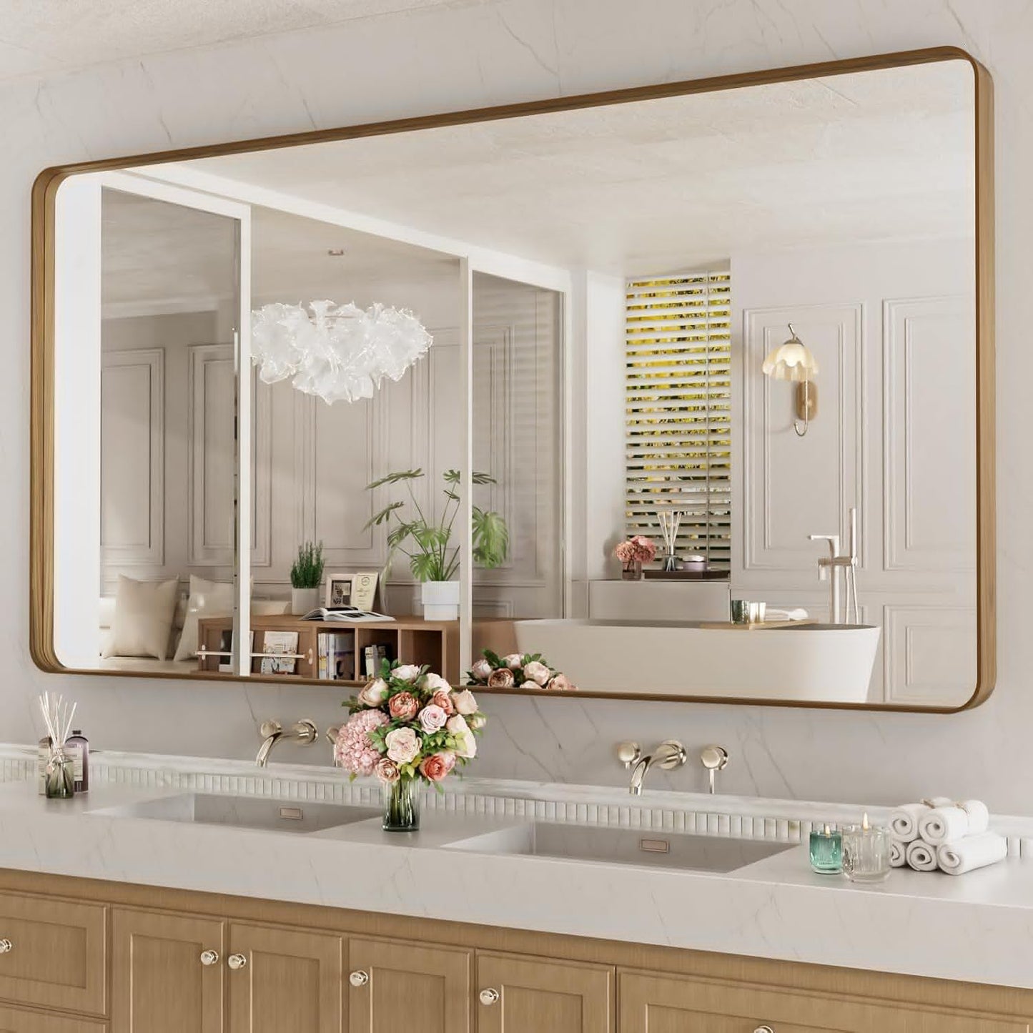 LOAAO Bathroom Mirror - 84x32 Inch Rounded Rectangle Design with Wood Grain Metal Frame | Anti-Rust, Versatile Hanging Options
