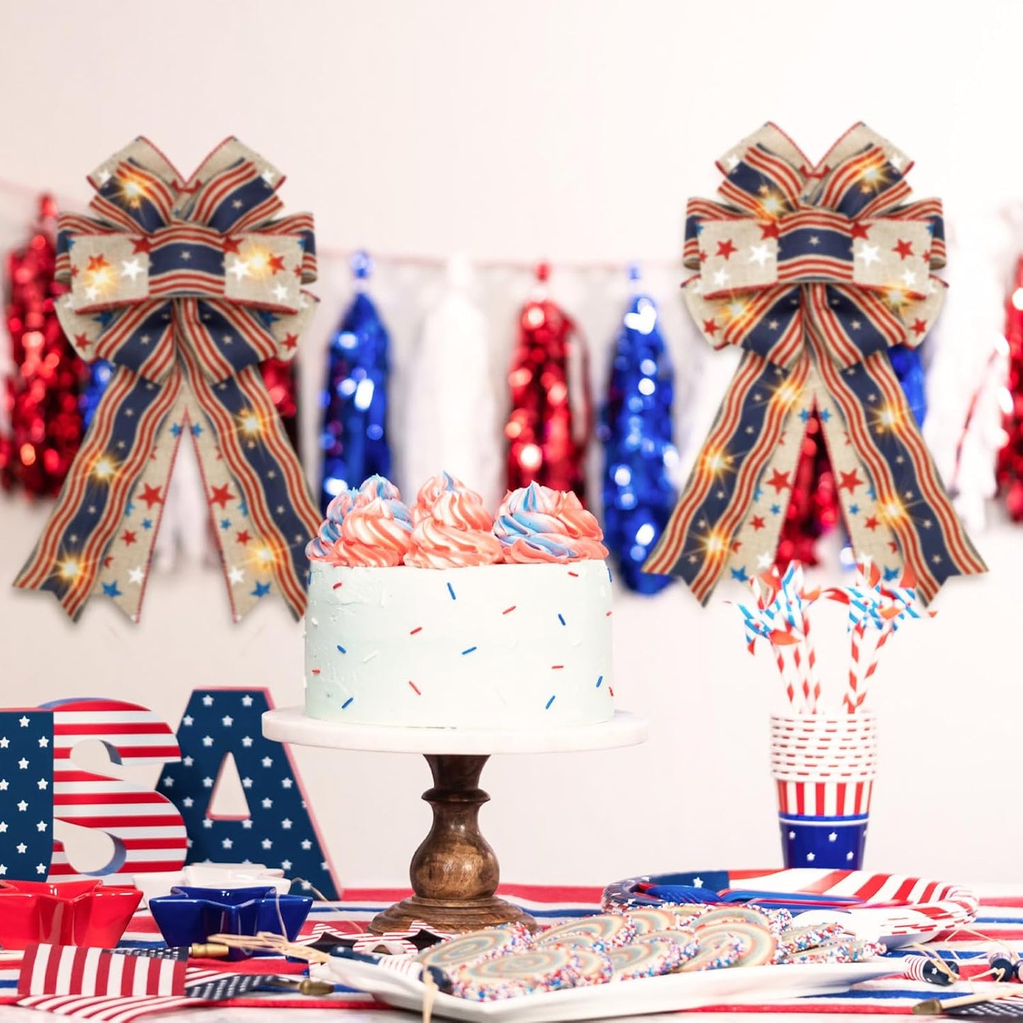 Regine Switzerland Patriotic Lighted Wreath Bow - Large Red, White & Blue 4th of July Decor