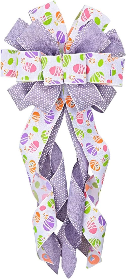 Estivaux Large Easter Wreath Bow - Purple & White Burlap Decor for Front Door & Spring Celebrations