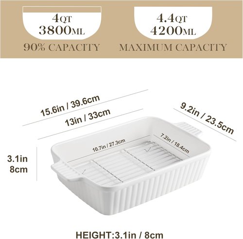 MALACASA 4.4 QT Ceramic Baking Dish - Large 9x13 Casserole Pan with Rack & Handles | Oven & Microwave Safe, White