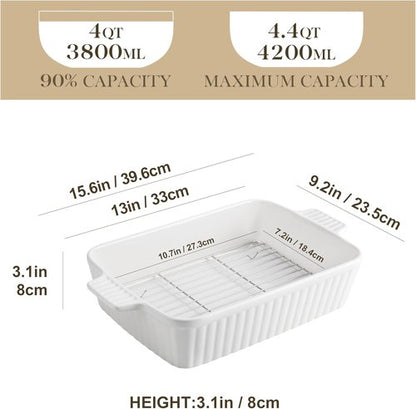 MALACASA 4.4 QT Ceramic Baking Dish - Large 9x13 Casserole Pan with Rack & Handles | Oven & Microwave Safe, White