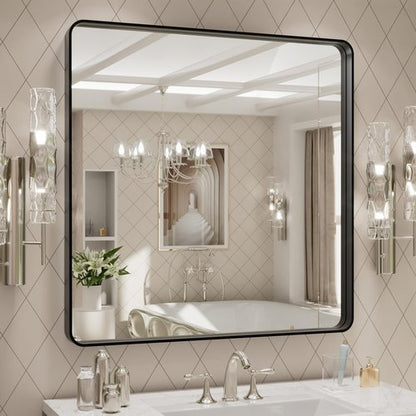 LOAAO 30x30 Inch Black Metal Framed Bathroom Mirror for Wall, Matte Black Bathroom Vanity Mirror Farmhouse, Large Rounded Rectangle Mirror, Anti-Rust, Hangs Horizontally or Vertically