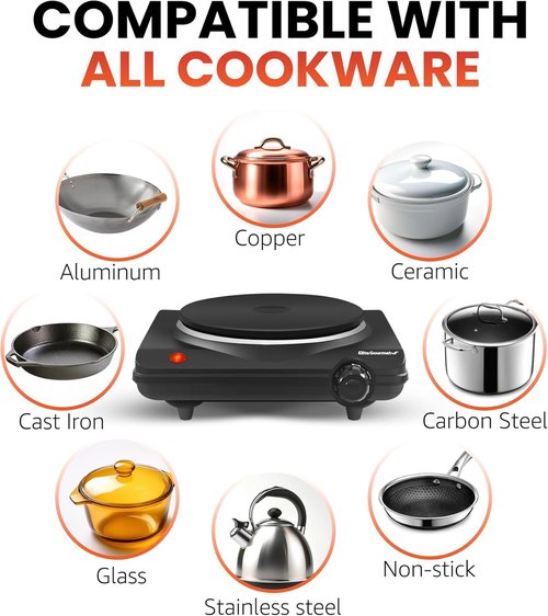 Elite Gourmet Electric Hot Plate - 1000 Watts Single Cast Iron Burner with Temperature Control | Black (Pack of 4)