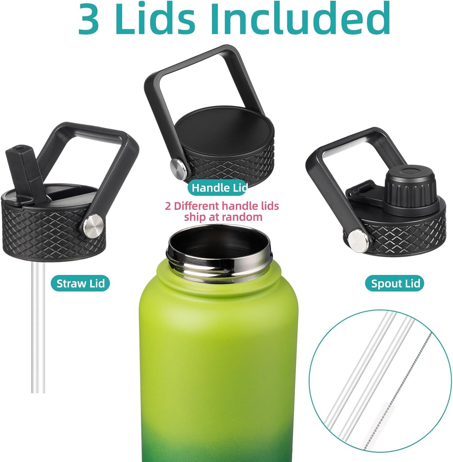 Skiennix 32 Oz Insulated Stainless Steel Water Bottle - Durable Sport Bottle with 3 Lids | Bamboo Grove
