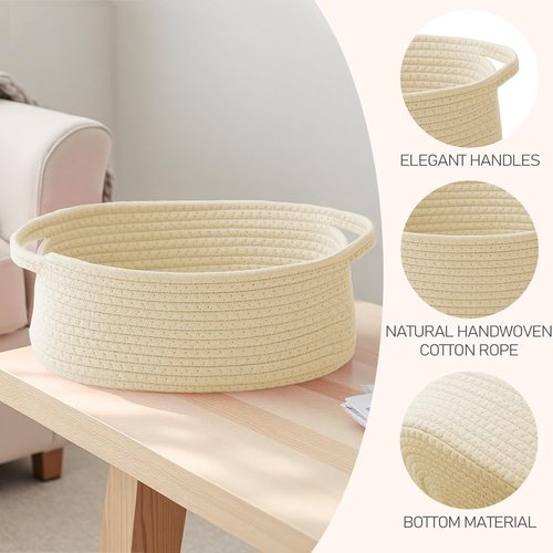 JMvicyroam Woven Basket - Small Rope Storage Bin with Handles for Organizing Shelves | Beige, 3-Pack