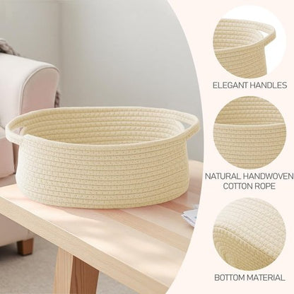 JMvicyroam Woven Basket - Small Rope Storage Bin with Handles for Organizing Shelves | Beige, 3-Pack