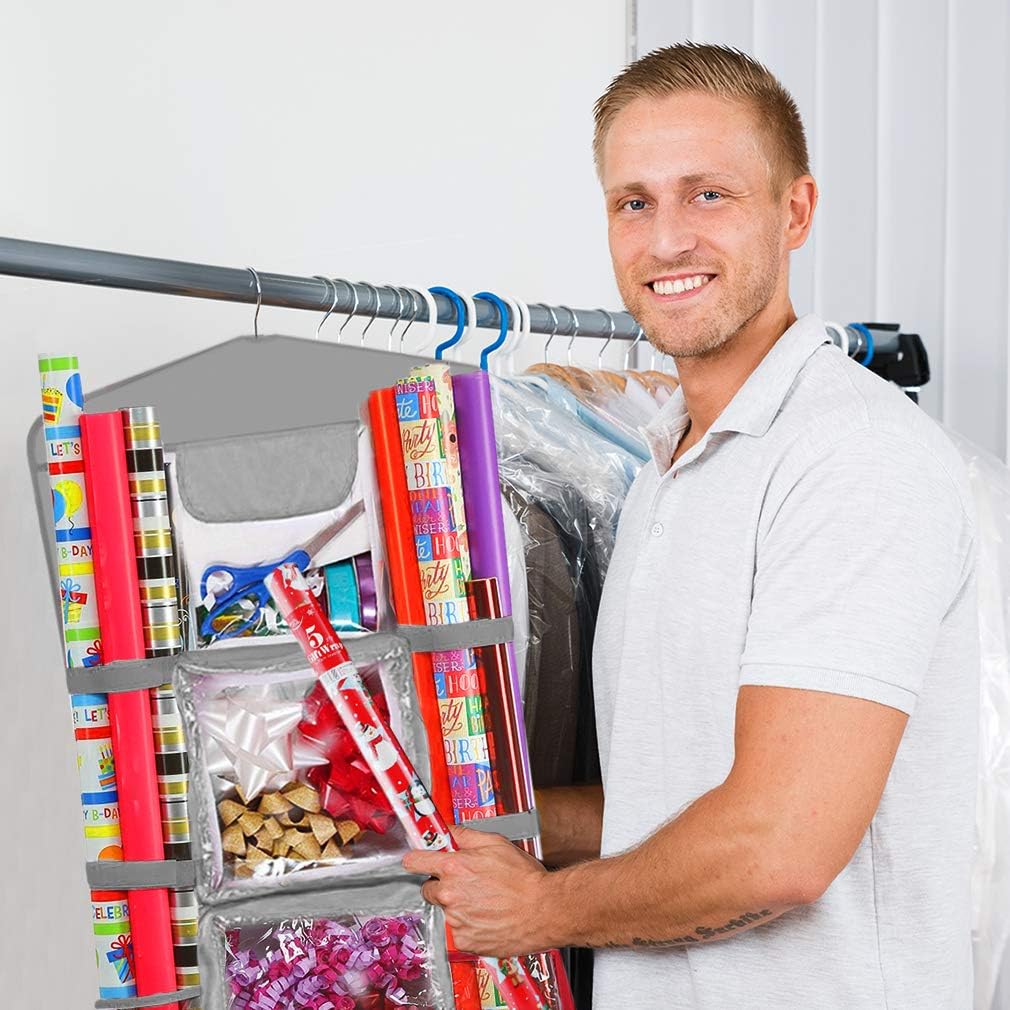 ProPik Christmas Wrapping Paper Storage Organizer - Double-Sided with Multiple Pockets, 40"X17" Clear PVC Bag (Grey)