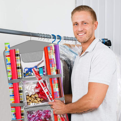 ProPik Christmas Wrapping Paper Storage Organizer - Double-Sided with Multiple Pockets, 40"X17" Clear PVC Bag (Grey)