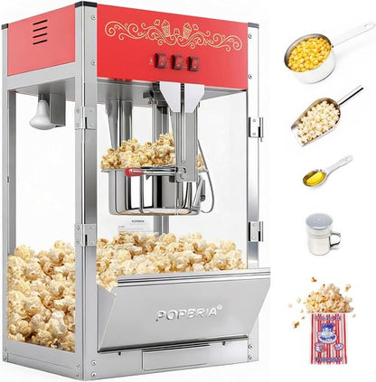 Commercial Popcorn Machine - Authentic 16oz Kettle Popcorn Maker with Warming Deck | 1600W Red