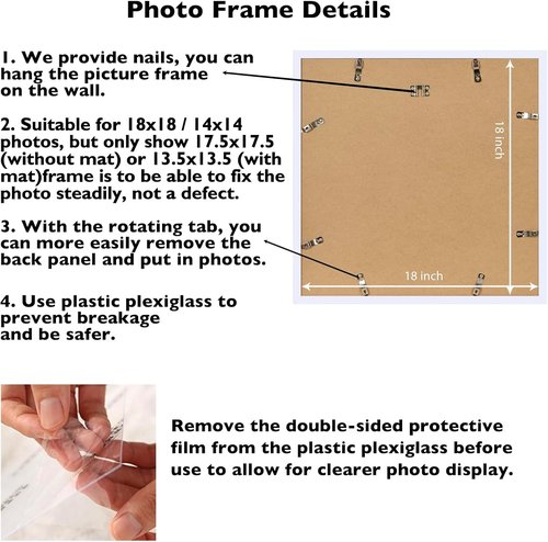 JCJMY 18x18 Picture Frame - White Wall Display with 14x14 Mat & Shatter Resistant Plexiglass