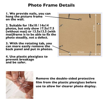 JCJMY 18x18 Picture Frame White with 14x14 Mat, Display Photo 14x14 with Mat or 18 x 18 Without Mat, Wall Hanging Large 18x18 Poster Frame with Shatter Resistant Plexiglass, White