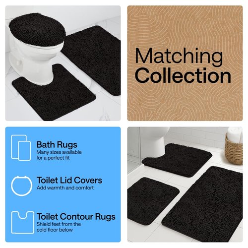 GORILLA GRIP Plush Absorbent Shaggy Chenille Bath Rug Mat for Square Toilet Base with Rubber Backing, Machine Washable Rugs, Soft Microfiber Contour Mats for Toilets, Bathroom Decor, Black