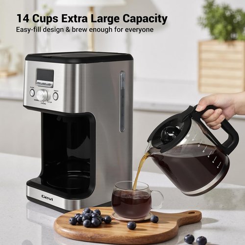 Gevi 14-Cup Programmable Coffee Maker - Drip Machine with Normal & Strong Brew | Silver Glass Carafe