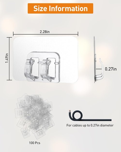 AGPTEK Heavy Duty Hooks for Outdoor String Lights - 100Pcs Clear Adhesive Cable Clips for Christmas Decor