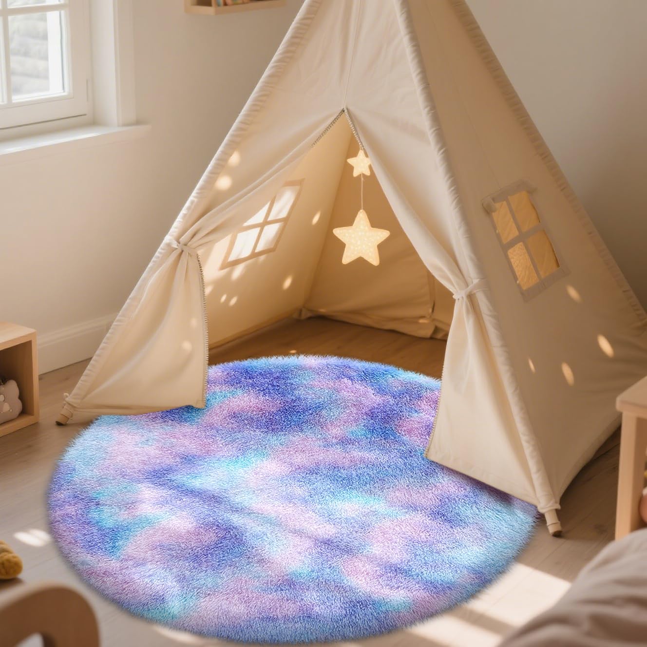 OLANLY Round Purple Rainbow Rug - Soft, Fluffy, Machine Washable 4x4 Feet Area Rug for Kids' Rooms | Home Decor