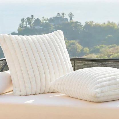 Bedsure Decorative Throw Pillow Covers - Double-Sided Striped 18x18 Set of 2 | Soft Fluffy Spring White Home Decor for Couch & Living Room