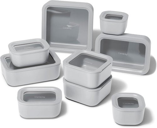 Caraway 22pc Glass Food Storage Set | Non-Toxic Ceramic-Coated Containers - Compact & Stackable - Gray