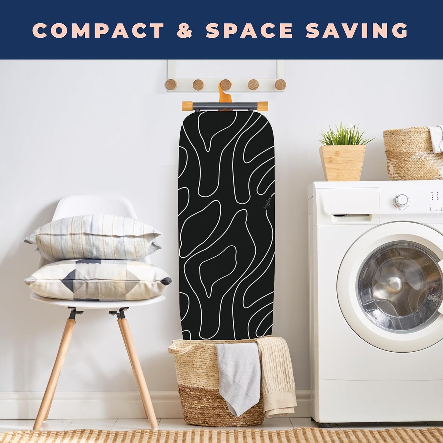 Skiennix Compact Ironing Board - Height Adjustable with Extra Thick Cover & Smart Hanger | Black (13x43)