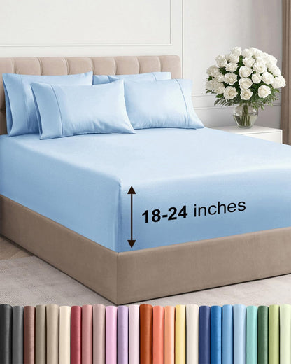 Skiennix Extra Deep Queen Sheet Set | 6-Piece Breathable Cooling Bedding - Soft, Wrinkle-Free Light Blue