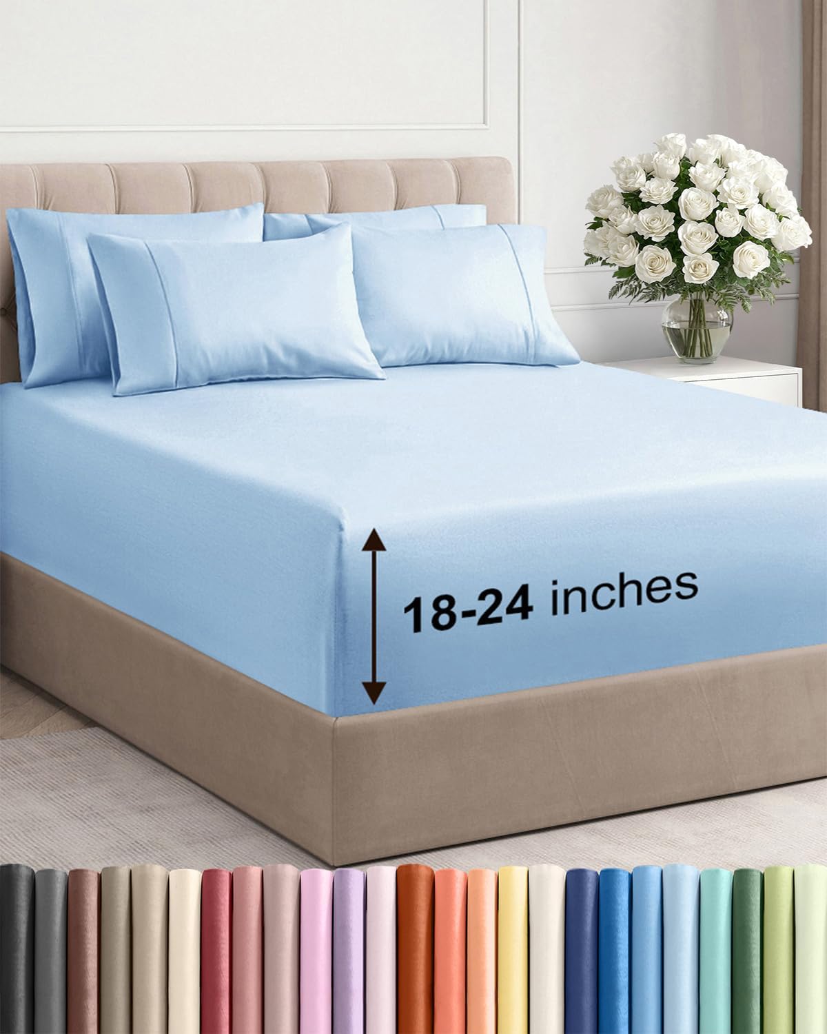 Skiennix Extra Deep Full Sheet Set | 6-Piece Breathable Cooling Bedding - Soft, Wrinkle-Free Light Blue