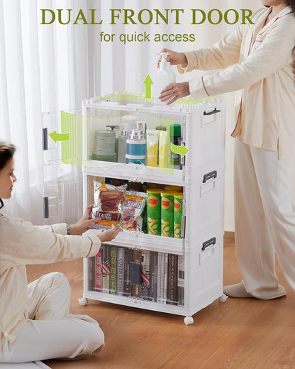 OlarHike 144QT Lockable Storage Bins - Collapsible Plastic Organizer with Lids & Wheels, 3 Pack