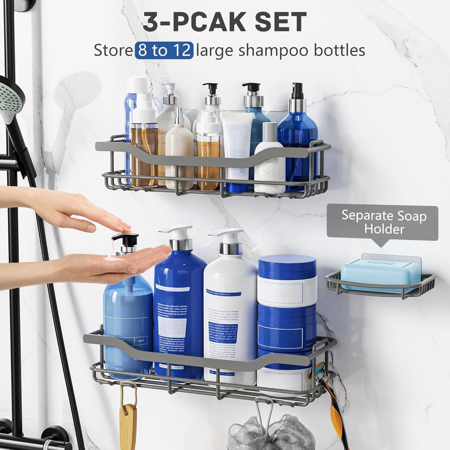 OMAIRA Shower Caddy - 3-Pack Adhesive Rustproof Organizer for Smooth Walls & Glass Tiles - Grey (X-Large)