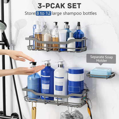 OMAIRA Shower Caddy - 3-Pack Adhesive Rustproof Organizer for Smooth Walls & Glass Tiles - Grey (X-Large)
