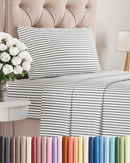 Skiennix Twin Size Sheet Set - Comfy Cooling Bedding with Deep Pockets - Soft, Wrinkle-Free Grey Stripes