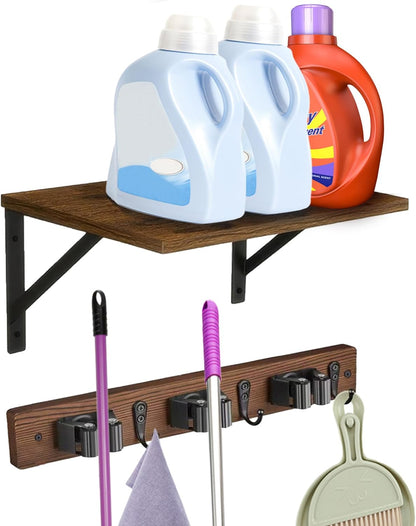 Skiennix Broom and Mop Organizer - Rustic Wood Wall-Mounted Storage Rack for Laundry Room | Brown