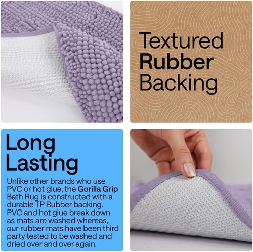 GORILLA GRIP Bath Rug Mat - Thick, Soft, Absorbent Chenille | Quick-Dry Microfiber, 44x26, Light Purple
