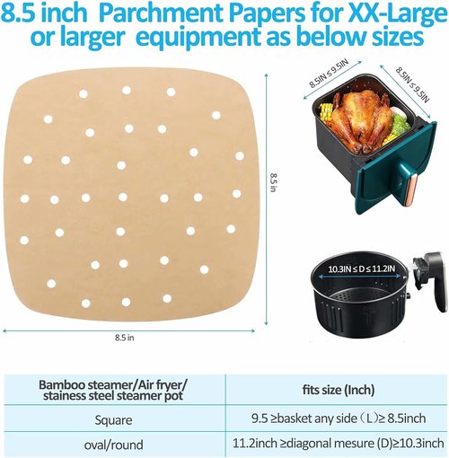 Air Fryer Parchment Paper Liners - 200PCS 8.5 Inch Square Perforated Sheets for Baking & Cooking