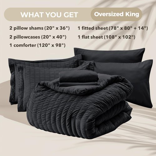 HYMOKEGE Black Oversized King Comforter Set Seersucker 7 Pieces, All Season Luxury Bed in a Bag for Bedroom, Bedding Set with Comforter, Sheets, Pillowcases & Shams