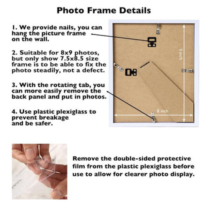 JCJMY 8x9 Picture Frame White for Wall Hanging or Tabletop, Wall Mounting Horizontally or Vertically, 8 x 9 Wall Gallery Poster Photo Frame with Shatter Resistant Plastic Plexiglass, White