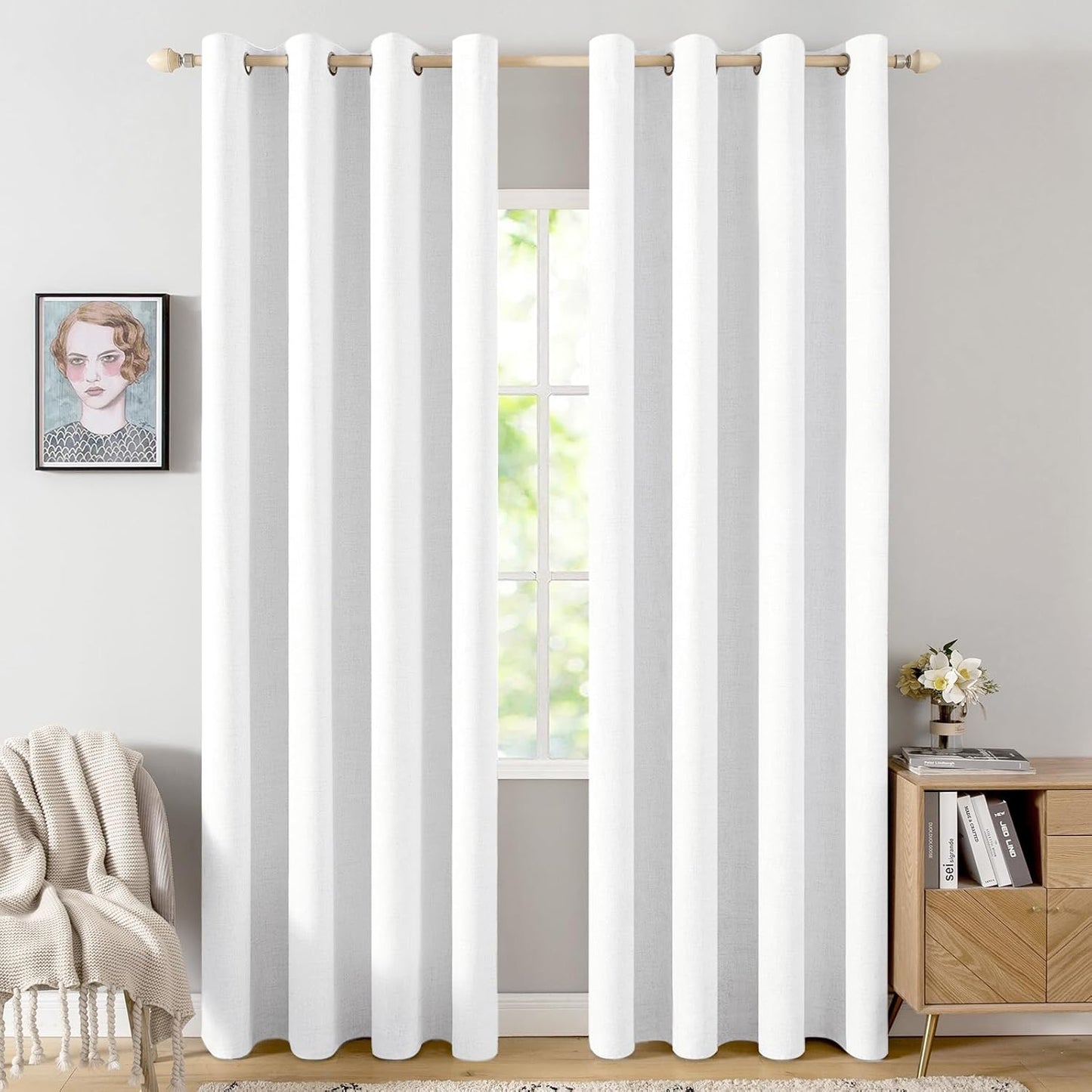 MIULEE 100% Blackout Linen Textured Curtains - Solid Thermal Insulated Bright White | 52 x 96 Inch (2 Panels) for Luxury Bedroom & Living Room Decor