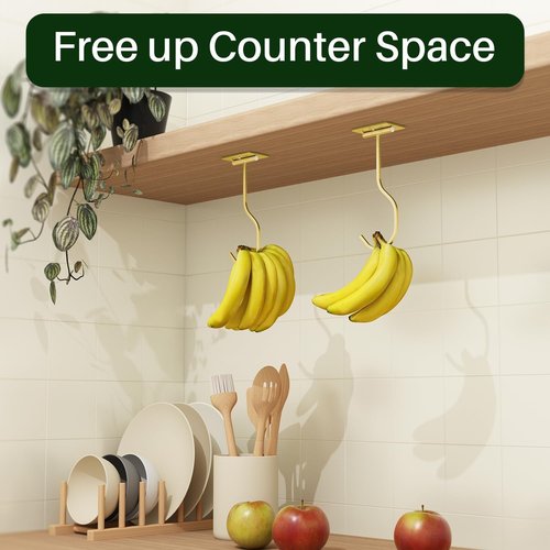 Bussdis Banana Hook - 2-Pack Foldable Metal Hanger | Space-Saving Under Cabinet Holder in Gold